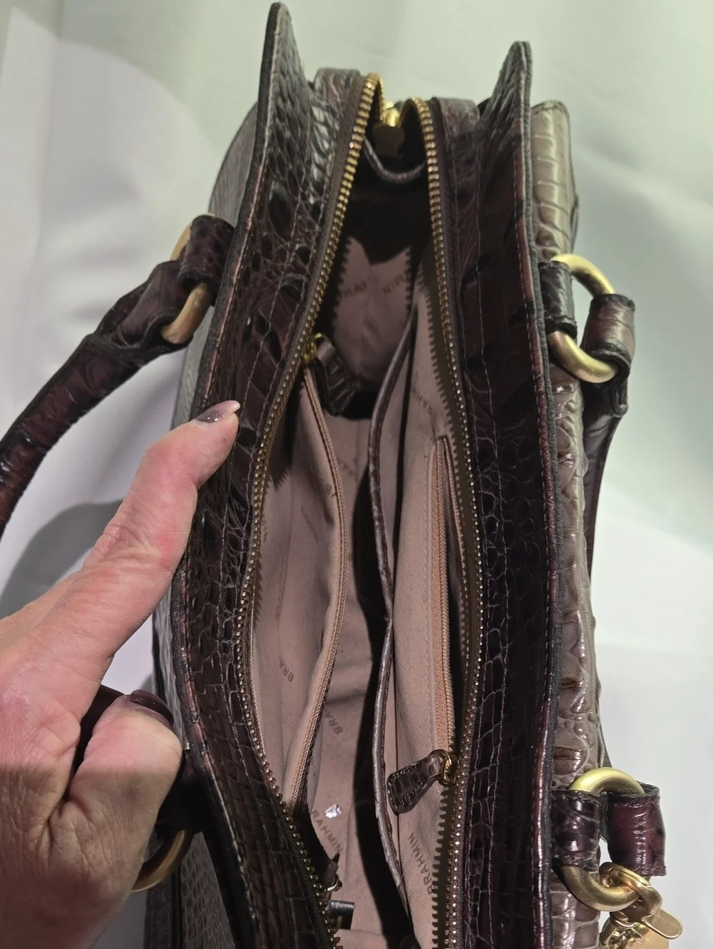 Brahmin Croc-Embossed Satchel in Dark Brown and Black